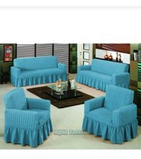 Akbu Pamuklu - Polyester Bürümcük Fırfırlı Süngersiz Giydirmeli Lastikli Turkuaz Dörtlü Koltuk Örtüsü 183x230 cm