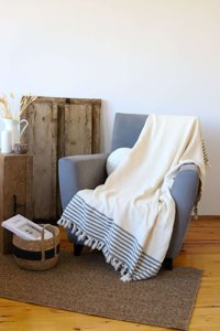 Koza Home Nova Pamuklu - Polyester Saçaklı Süngersiz Çizgili Ekru Tekli Koltuk Örtüsü 180x215 cm