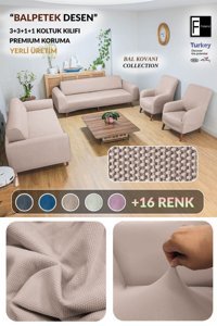 Faiend Polyester Süngersiz Düz Giydirmeli Vizon 3-3-1-1 Koltuk Örtüsü 80x125 cm