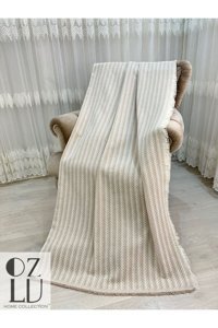 Özlü Home Pamuklu Örgü Saçaklı Süngersiz Çizgili Bej Tekli Koltuk Örtüsü 170x210 cm