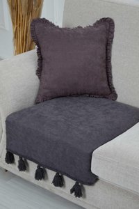 Aisha's Design KO-26-T Polyester Örgü Püsküllü Süngersiz Düz Kahverengi Tekli Koltuk Örtüsü 90x75 cm