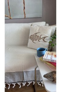 Lapipa Pamuklu Saçaklı Süngersiz Armürlü Bej Tekli Koltuk Örtüsü 180x215 cm