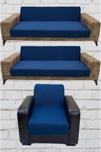 Şahane Ev Mikro Polyester Likralı Jakarlı Süngersiz Düz Giydirmeli Lastikli Mavi Üçlü Koltuk Örtüsü 75x55 cm
