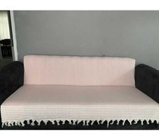 Coperta Pamuklu Kanvas Püsküllü Süngersiz Armürlü Pembe Üçlü Koltuk Örtüsü 170x220 cm