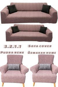 Özmakan Likralı Jakarlı Süngersiz Çizgili Giydirmeli Pembe Dörtlü Koltuk Örtüsü 180x230 cm