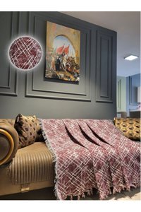 Obam Pamuklu Örgü Saçaklı Süngersiz Çizgili Bordo Tekli Koltuk Örtüsü 170x220 cm