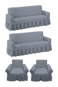 Heytgah Polyester Bürümcük-Likralı Fırfırlı Süngersiz Kapitone Giydirmeli Gri 3-3-1-1 Koltuk Örtüsü 80x120 cm