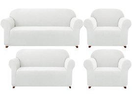 Elgeyar Polyester Likralı Jakarlı Süngersiz Armürlü Giydirmeli Beyaz Yedili Koltuk Örtüsü 180x230 cm