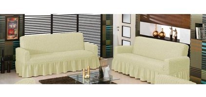 Evory Pamuklu - Polyester Bürümcük Jakarlı Süngersiz Armürlü Giydirmeli Bej Altılı Koltuk Örtüsü