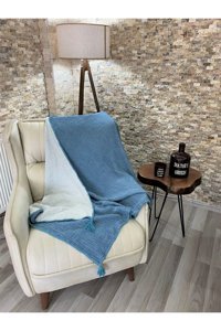 Rozet Tekstil Pamuklu Örgü Püsküllü Süngersiz Armürlü Mavi Tekli Koltuk Örtüsü 120x180 cm