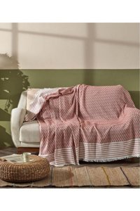 Çeyiz Diyarı Polyester Kanvas Saçaklı Süngersiz Armürlü Kırmızı Üçlü Koltuk Örtüsü 170x200 cm