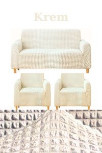 Furkanticaret Polyester Bürümcük Süngersiz Kapitone Giydirmeli Krem Üçlü Koltuk Örtüsü 180x230 cm