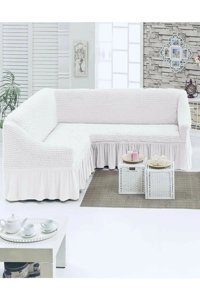 Uytm Polyester Bürümcük-Likralı Drapeli Süngerli Çizgili Giydirmeli Beyaz Tekli Koltuk Örtüsü 180x350 cm