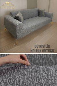 Uzhanem Pamuklu - Polyester Bürümcük-Likralı Süngerli Çizgili Giydirmeli Gri Tekli Koltuk Örtüsü 180x230 cm