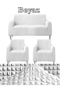 Iydgah Polyester Bürümcük Fırfırlı Süngersiz Kapitone Giydirmeli Krem Üçlü Koltuk Örtüsü 110x150 cm