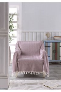 Ladynil Natural Pamuklu Saçaklı Süngersiz Çizgili Bordo Tekli Koltuk Örtüsü 160x160 cm