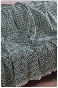 İhc Home Pamuklu - Polyester Saçaklı Süngersiz Zikzaklı Turkuaz Tekli Koltuk Örtüsü 170x210 cm