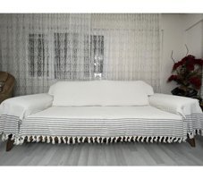Nasır Home Pamuklu Püsküllü Süngersiz Çizgili Ekru Tekli Koltuk Örtüsü 180x300 cm