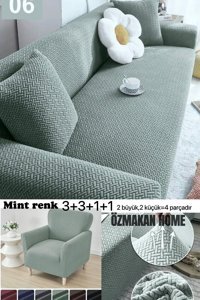 Özmakan Pamuklu - Polyester Likralı Jakarlı Süngersiz Çizgili Giydirmeli Yeşil Dörtlü Koltuk Örtüsü 180x230 cm