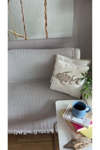 Lapipa Pamuklu Saçaklı Süngersiz Çizgili Bej Tekli Koltuk Örtüsü 170x210 cm