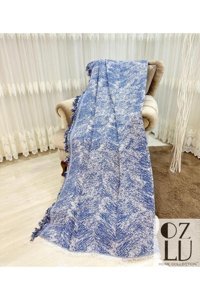 Özlü Home Pamuklu - Polyester Örgü Saçaklı Süngersiz Çizgili Lacivert Tekli Koltuk Örtüsü 170x220 cm