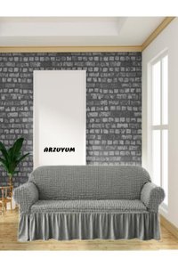Arzuyum Polyester Bürümcük Fırfırlı Süngersiz Armürlü Giydirmeli Lastikli Gri Tekli Koltuk Örtüsü 84x203 cm