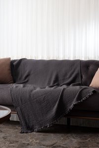 Oteks Home Collection Müslin Örgü Saçaklı Süngersiz Armürlü Gri Tekli Koltuk Örtüsü 100x200 cm