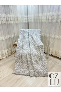 Özlü Home Pamuklu - Polyester Örgü Saçaklı Süngersiz Çizgili Gri Tekli Koltuk Örtüsü 170x220 cm