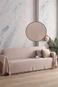 Ladynil Natural Pamuklu Saçaklı Süngersiz Çizgili Bej Tekli Koltuk Örtüsü 180x300 cm