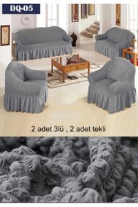 Gerbera Home Collection Pamuklu Bürümcük Fırfırlı Süngersiz Kapitone Giydirmeli Gri 3-3-1-1 Koltuk Örtüsü 180x230 cm