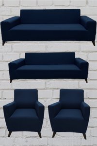 Şahane Ev Mikro Polyester Likralı Jakarlı Süngersiz Düz Giydirmeli Lastikli Mavi Üçlü Koltuk Örtüsü 28x32 cm