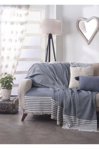 Lux Touch Olimpos Pamuklu Püsküllü Süngersiz Geometrik Desenli Lacivert Tekli Koltuk Örtüsü 180x200 cm