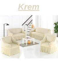 Kanway Polyester Bürümcük Fırfırlı Süngersiz Kapitone Giydirmeli Krem 3-2-1-1 Koltuk Örtüsü 180x230 cm