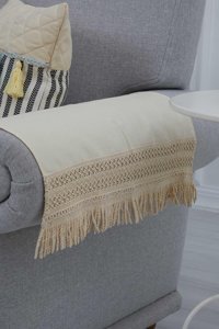 Aisha's Design KC-2 Pamuklu Püsküllü Süngersiz Bej Tekli Koltuk Örtüsü 65x62 cm