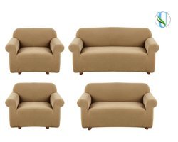 Uy Style Tekstil Polyester Likralı Süngerli Armürlü Giydirmeli Bej Dörtlü Koltuk Örtüsü 180x230 cm