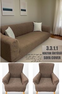 Hanemce Polyester Süngersiz Kırçıllı Giydirmeli Kahverengi Üçlü Koltuk Örtüsü 180x230 cm