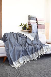 Mutlu Çeyiz Diamond Pamuklu Püsküllü Süngersiz Çizgili Lacivert Tekli Koltuk Örtüsü 180x300 cm