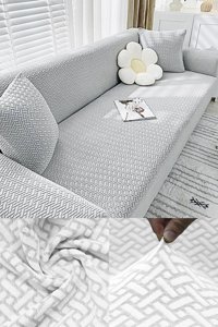 Özmakan Pamuklu - Polyester Likralı Jakarlı Süngersiz Çizgili Giydirmeli Beyaz Üçlü Koltuk Örtüsü 180x230 cm