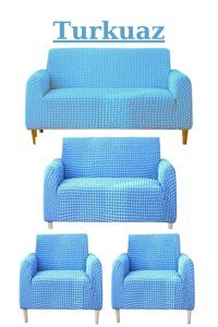 Ensari Karaoğlu Pamuklu - Polyester Bürümcük Jakarlı Süngersiz Armürlü Giydirmeli Turkuaz Yedili Koltuk Örtüsü 180x230 cm