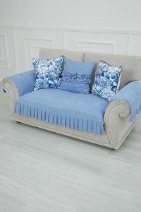 Aisha's Design KTK-4 Polyester Örgü Pileli Süngersiz Düz Mavi Üçlü Koltuk Örtüsü 34x48 cm
