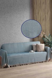 Ladynil Natural Pamuklu Saçaklı Süngersiz Çizgili Mavi Tekli Koltuk Örtüsü 180x300 cm