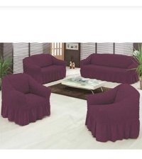 Akbu Pamuklu - Polyester Bürümcük Fırfırlı Süngersiz Giydirmeli Lastikli Mor Dörtlü Koltuk Örtüsü 183x230 cm