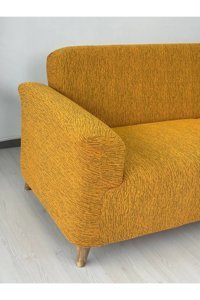Defne Home Pamuklu - Polyester Likralı Jakarlı Süngersiz Armürlü Giydirmeli Sarı Tekli Koltuk Örtüsü 180x230 cm