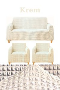 Heytgah Polyester Bürümcük Süngersiz Kapitone Giydirmeli Krem Üçlü Koltuk Örtüsü 180x230 cm