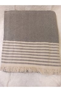 Şener Home Pamuklu Polar Saçaklı Süngersiz Çizgili Gri Tekli Koltuk Örtüsü 170x220 cm