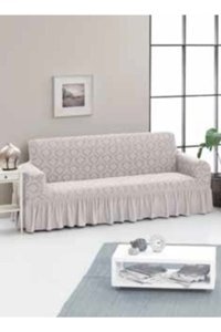 Consept Home Pamuklu - Polyester Likralı Jakarlı Süngersiz Giydirmeli Bej Üçlü Koltuk Örtüsü 85x213,5 cm