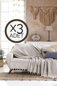 Lux Touch Bergama Pamuklu Saçaklı Süngersiz Geometrik Desenli Bej Üçlü Koltuk Örtüsü 180x200 cm