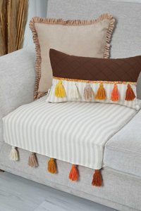 Aisha's Design KO-20-T Pamuklu Püsküllü Süngersiz Çizgili Vizon Tekli Koltuk Örtüsü 90x75 cm