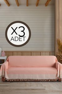 Lux Touch Somon Pamuklu Püsküllü Süngersiz Geometrik Desenli Pembe Üçlü Koltuk Örtüsü 180x300 cm