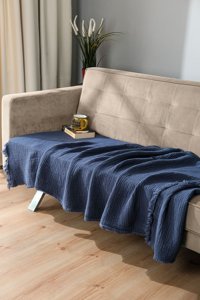 Oteks Home Collection Müslin Örgü Saçaklı Süngersiz Armürlü Lacivert Tekli Koltuk Örtüsü 100x200 cm